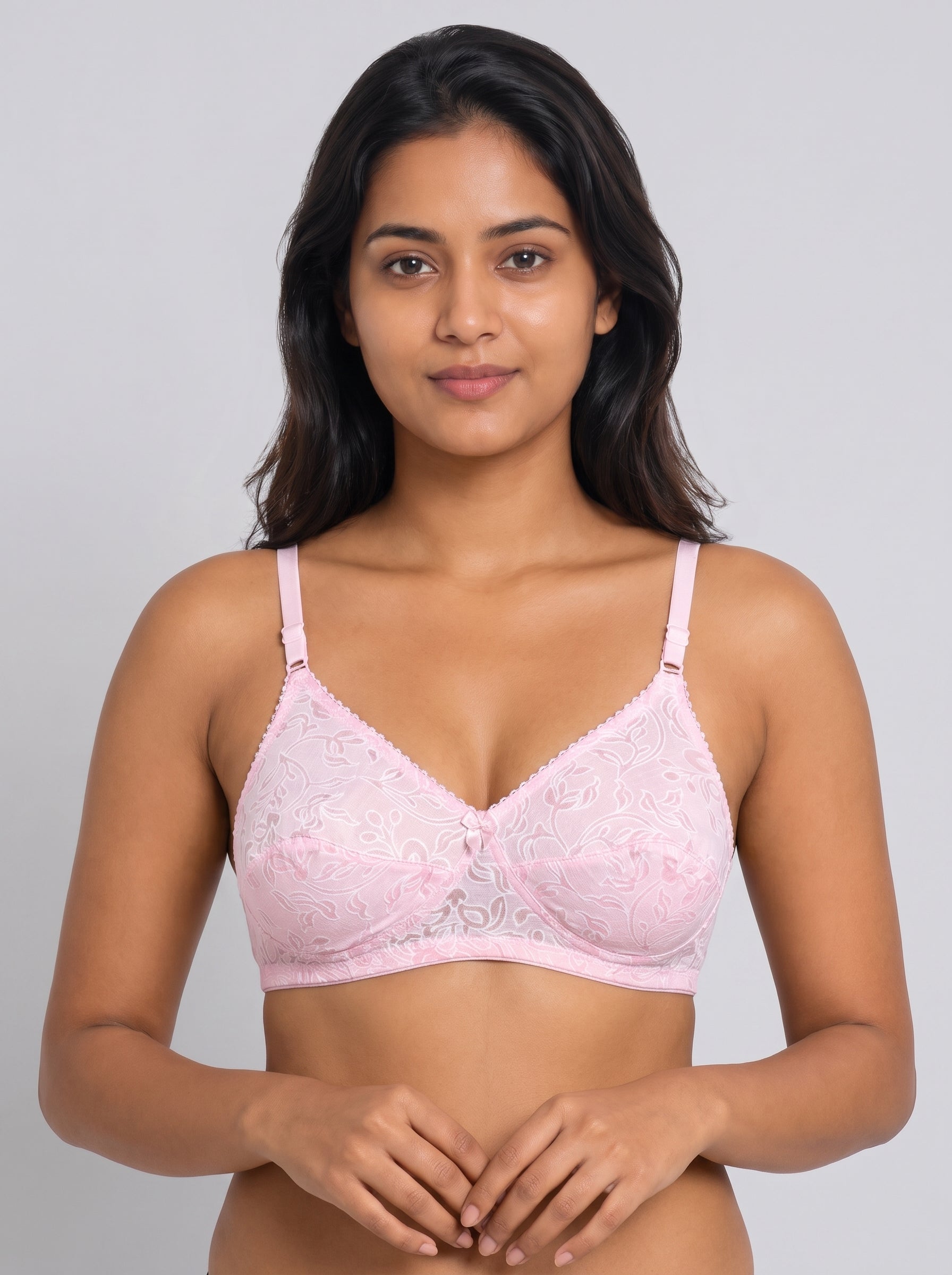 Pink Like-Me Eves Bra with floral embroidery and adjustable straps on model. #color_pink