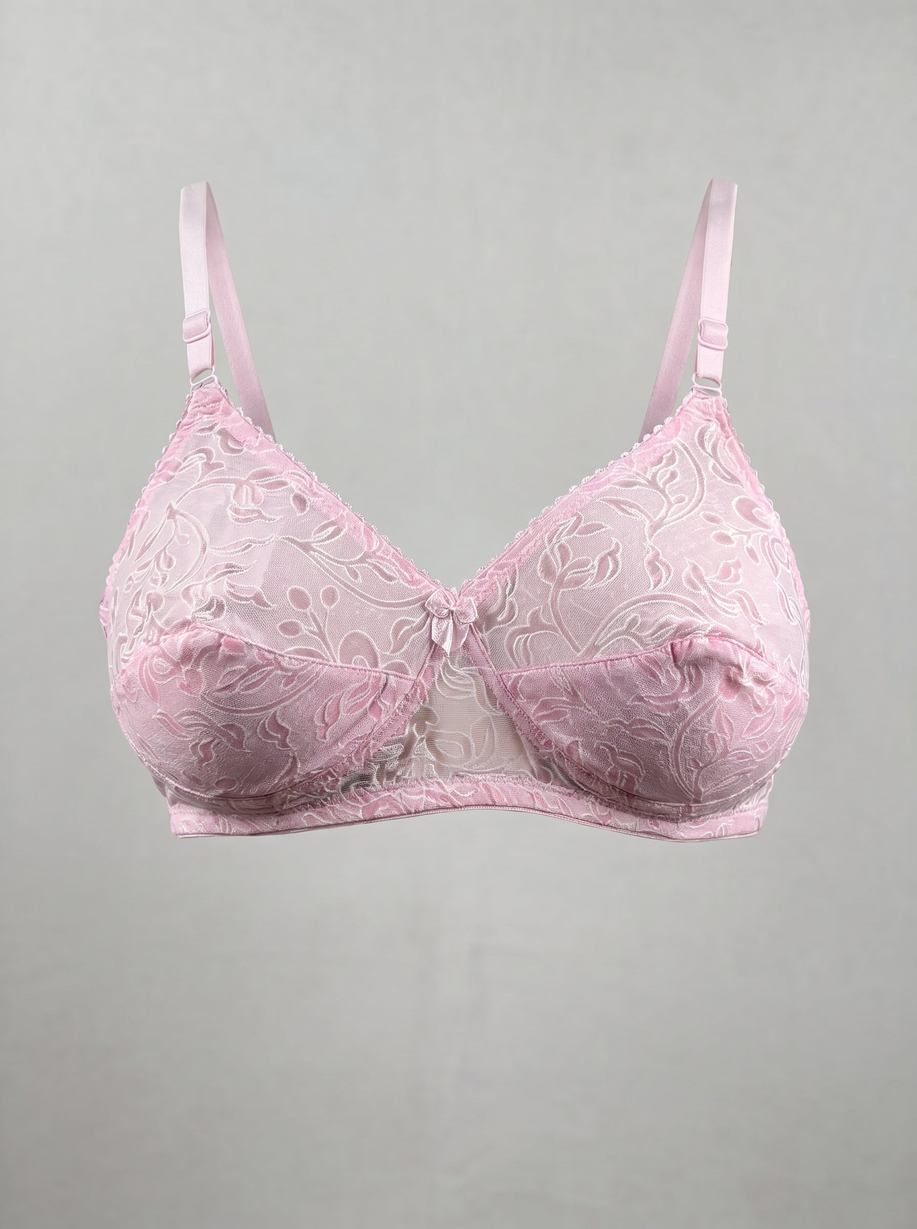 Pink Like-Me Eves Bra ghost mannequin front view with floral lace cups. #color_pink