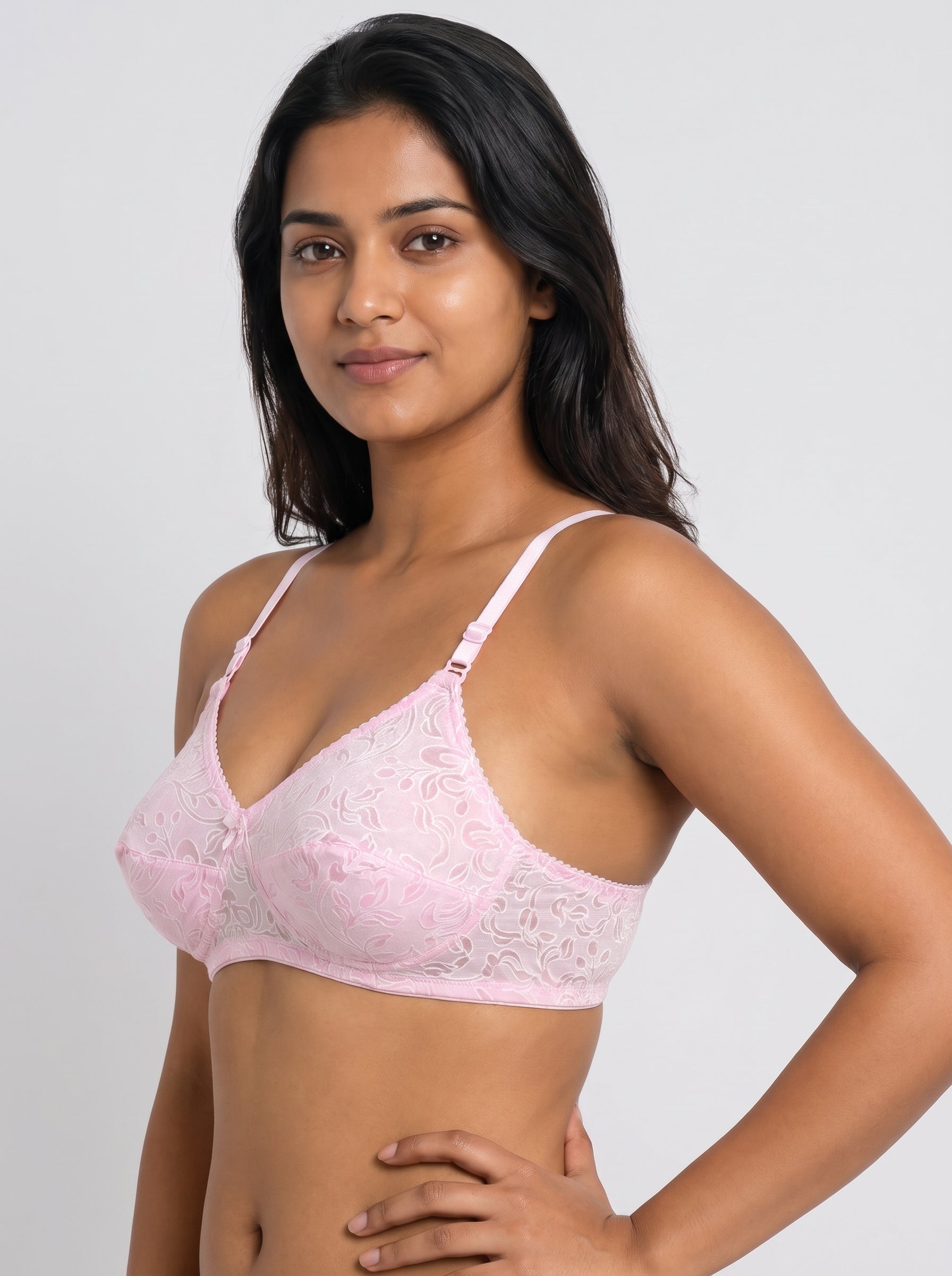 Pink Like-Me Eves Bra in angled side pose with floral mesh cups and adjustable straps. #color_pink