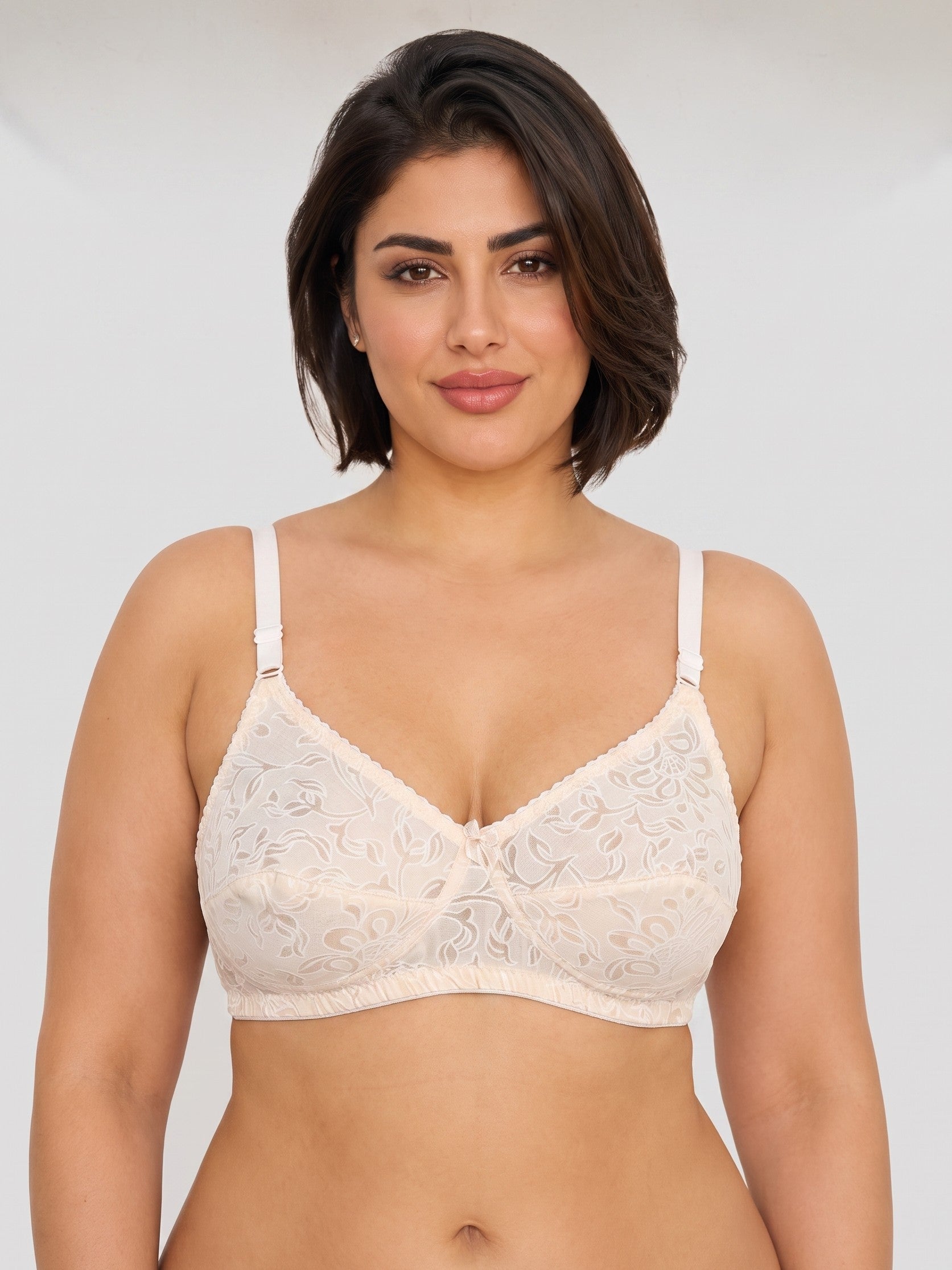Skin Like-Me Eves Bra front view with floral embroidery and center bow. #color_skin
