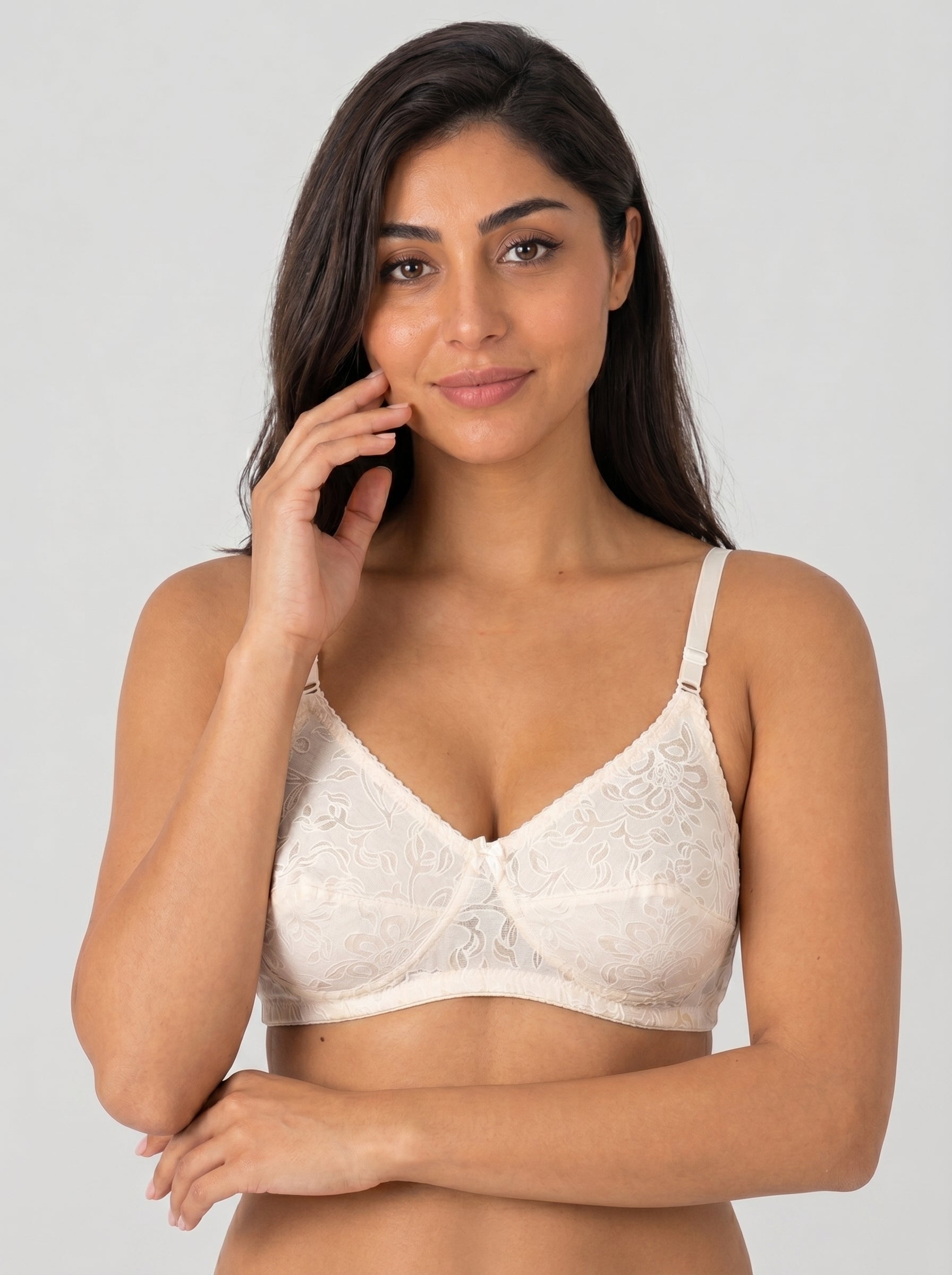 Skin-tone Like-Me Eves Bra with floral lace cups and adjustable straps on model. #color_skin