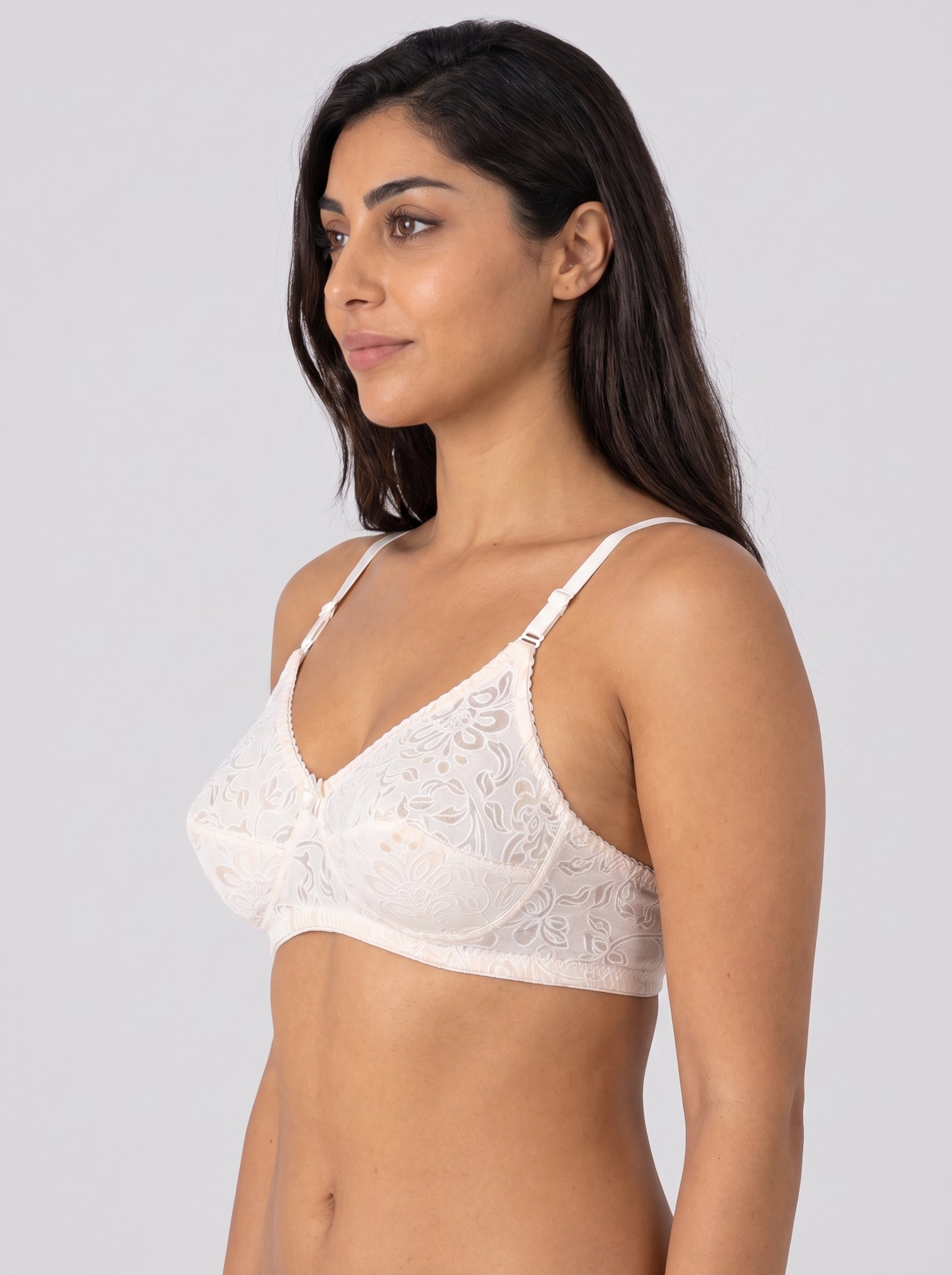Skin Like-Me Eves Bra side angle with lace floral cups and slim straps. #color_skin