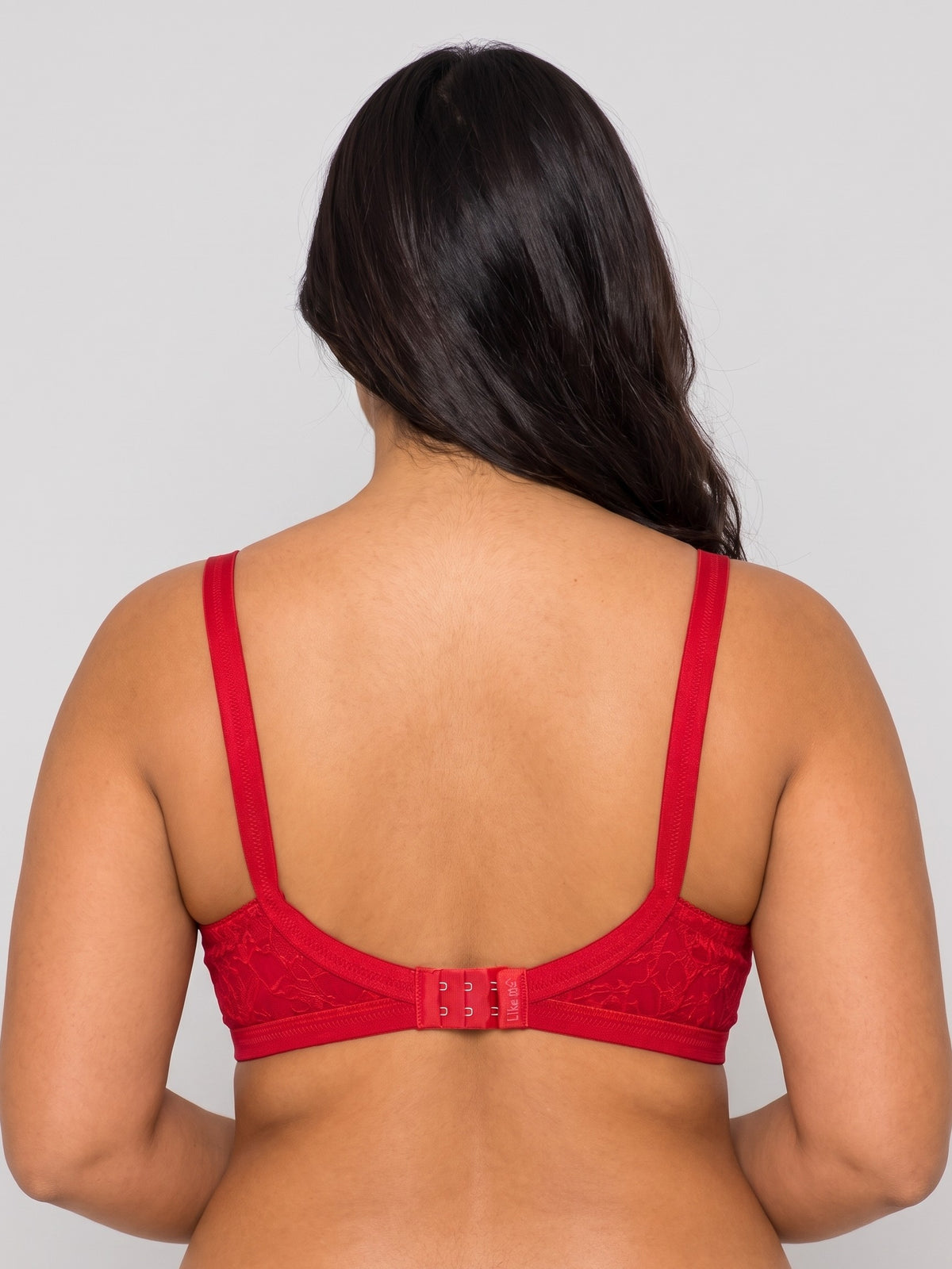 Like-Me Sonu Bra in red with wide straps and hook-and-eye back closure, back view on plus-size model. #color_red
