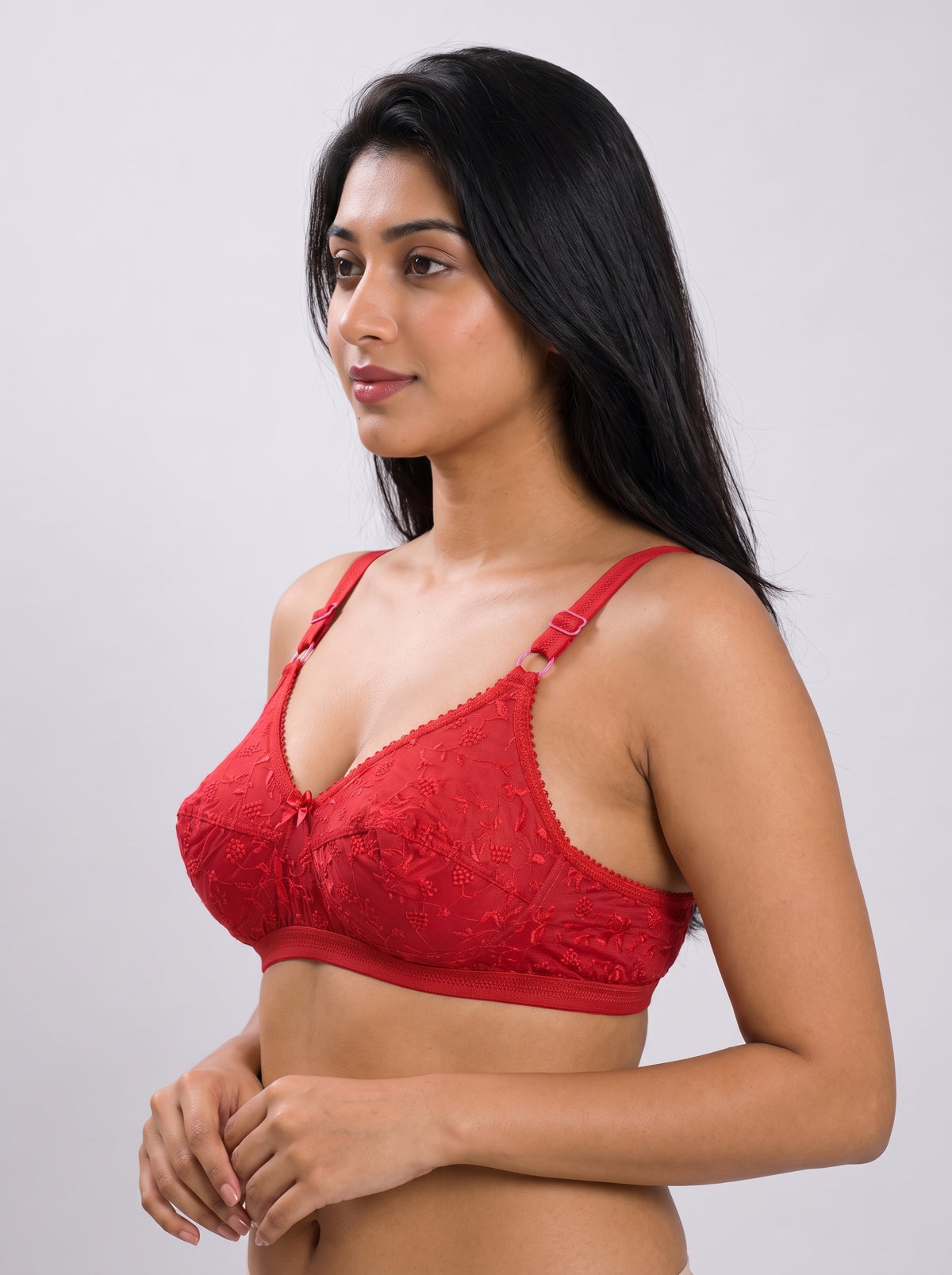 Like-Me Sonu Bra in red with floral lace cups and adjustable straps, side view on model. #color_red