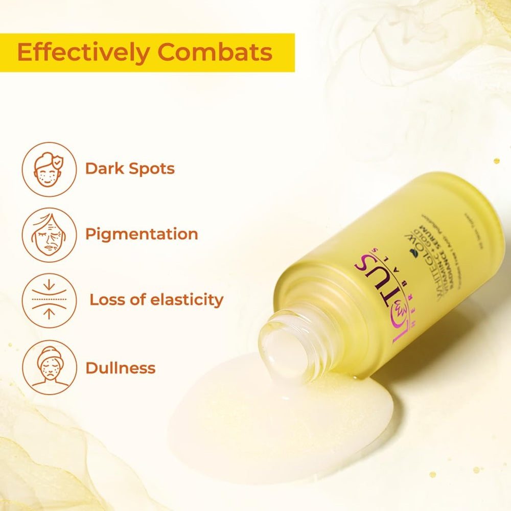Lotus Herbals WhiteGlow Vitamin-C + Gold Radiance Serum bottle with orange, amla, and gold extracts for glowing skin
