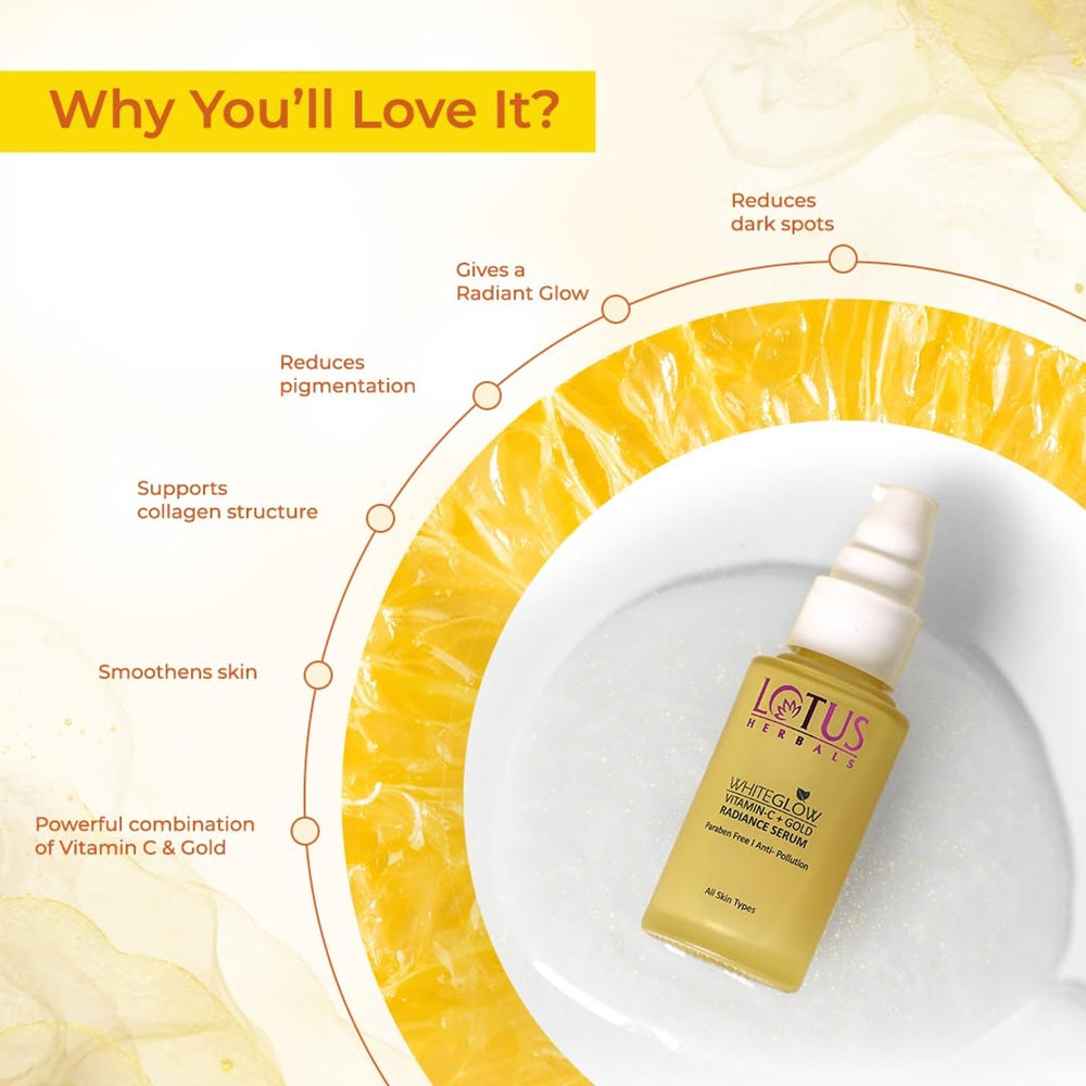 Lotus Herbals WhiteGlow Vitamin-C + Gold Radiance Serum bottle with orange, amla, and gold extracts for glowing skin