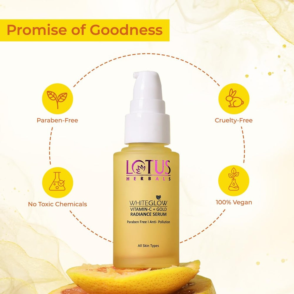 Lotus Herbals WhiteGlow Vitamin-C + Gold Radiance Serum bottle with orange, amla, and gold extracts for glowing skin