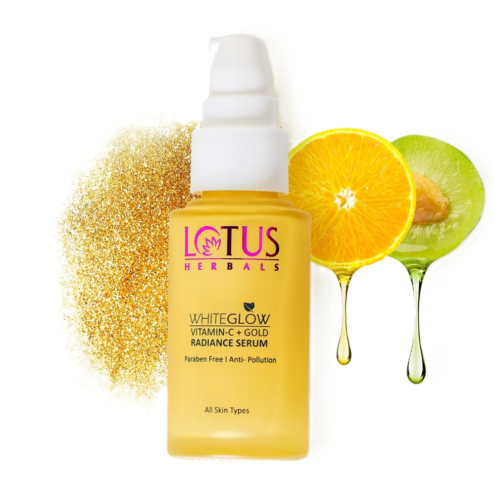 Lotus Herbals WhiteGlow Vitamin-C + Gold Radiance Serum bottle with orange, amla, and gold extracts for glowing skin
