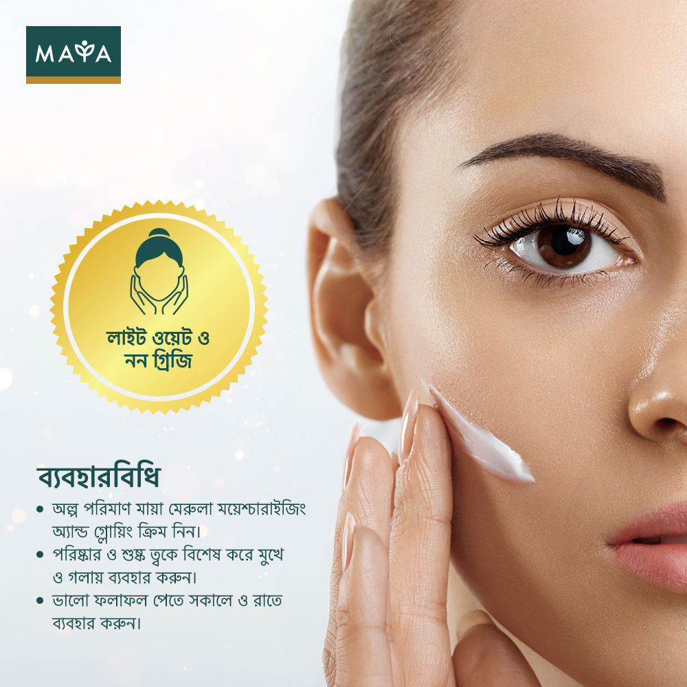 Woman applying face cream on cheek with Maya light-weight non-greasy moisturizer usage instructions 
