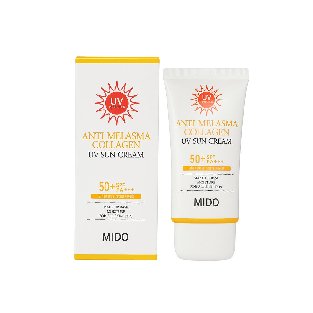 MIDO Anti Melasma Collagen UV Sun Cream SPF 50+ PA+++ with collagen, brightening, moisturizing, and sun protection tube and box