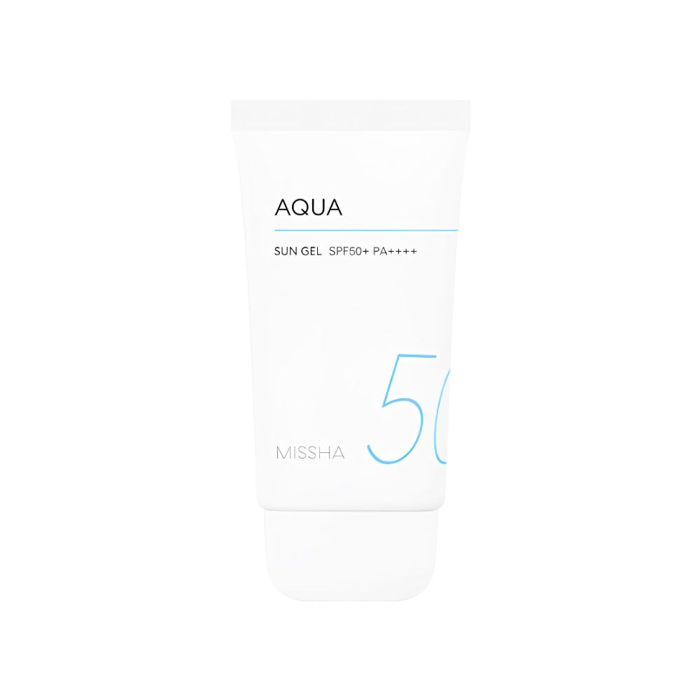 Missha All Around Safe Block Aqua Sun Cream SPF50+/PA++++ – lightweight, water-based sunscreen in white and sky blue tube with hydrating, non-greasy formula for daily sun protection.

