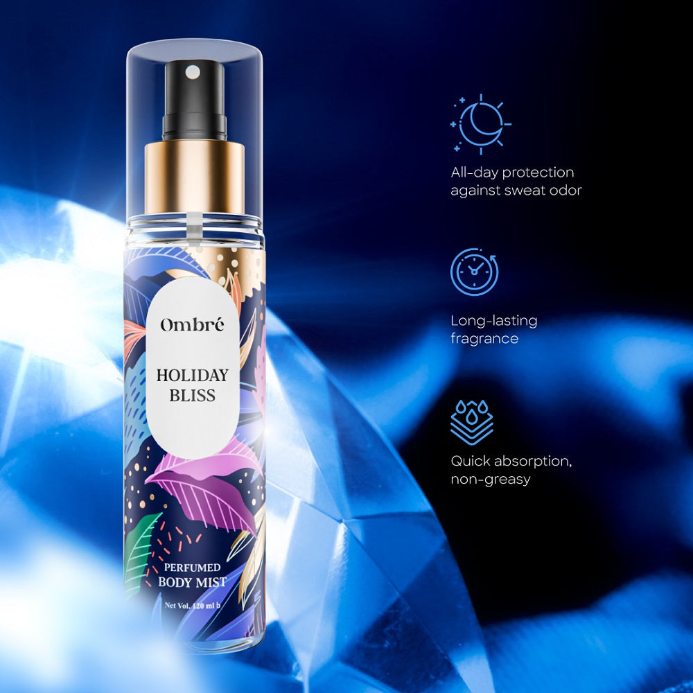 Ombré Holiday Bliss Perfumed Body Mist with benefits listed – all-day sweat odor protection, long-lasting fragrance, quick absorption, non-greasy formula.


