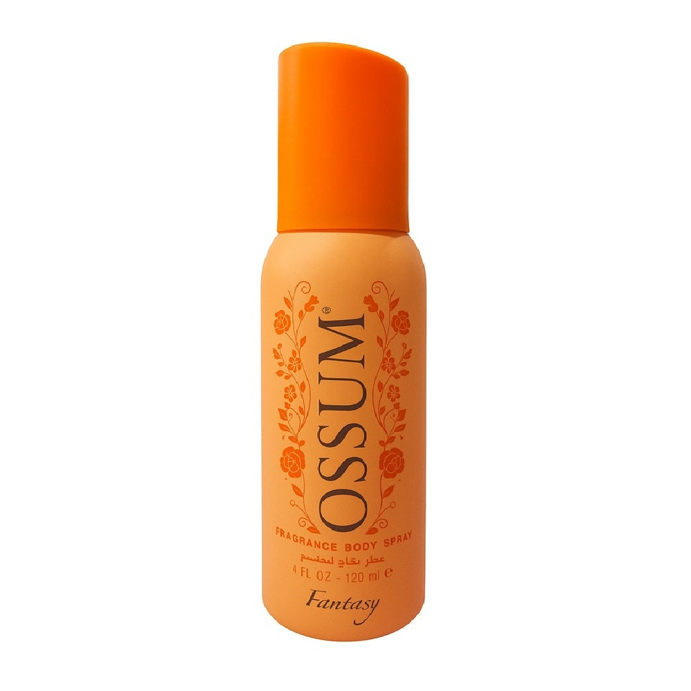 OSSUM Fantasy Fragrance Body Spray 120ml – Orange bottle with floral design and bright cap, perfect for long-lasting freshness

