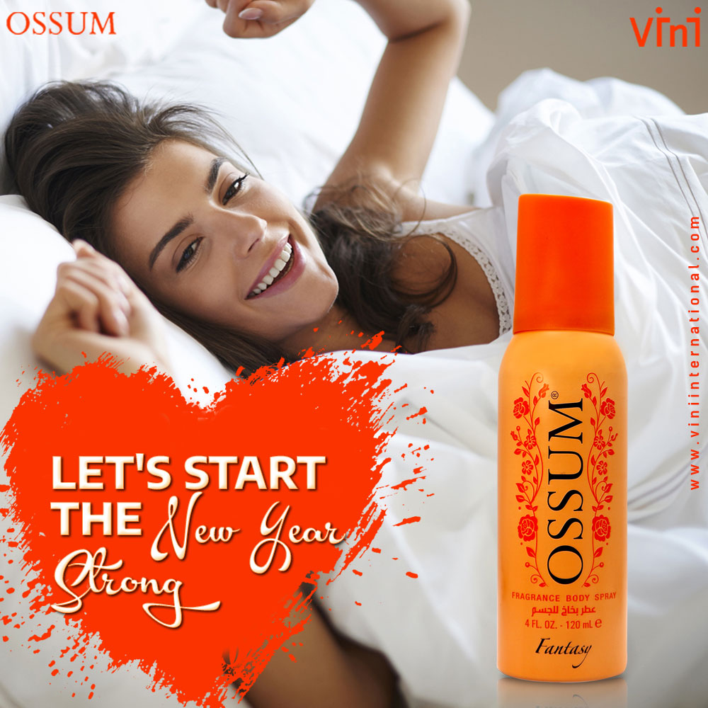 OSSUM Fantasy Fragrance Body Spray 120ml – Orange bottle with floral design and bright cap, perfect for long-lasting freshness behind a beautiful girl

