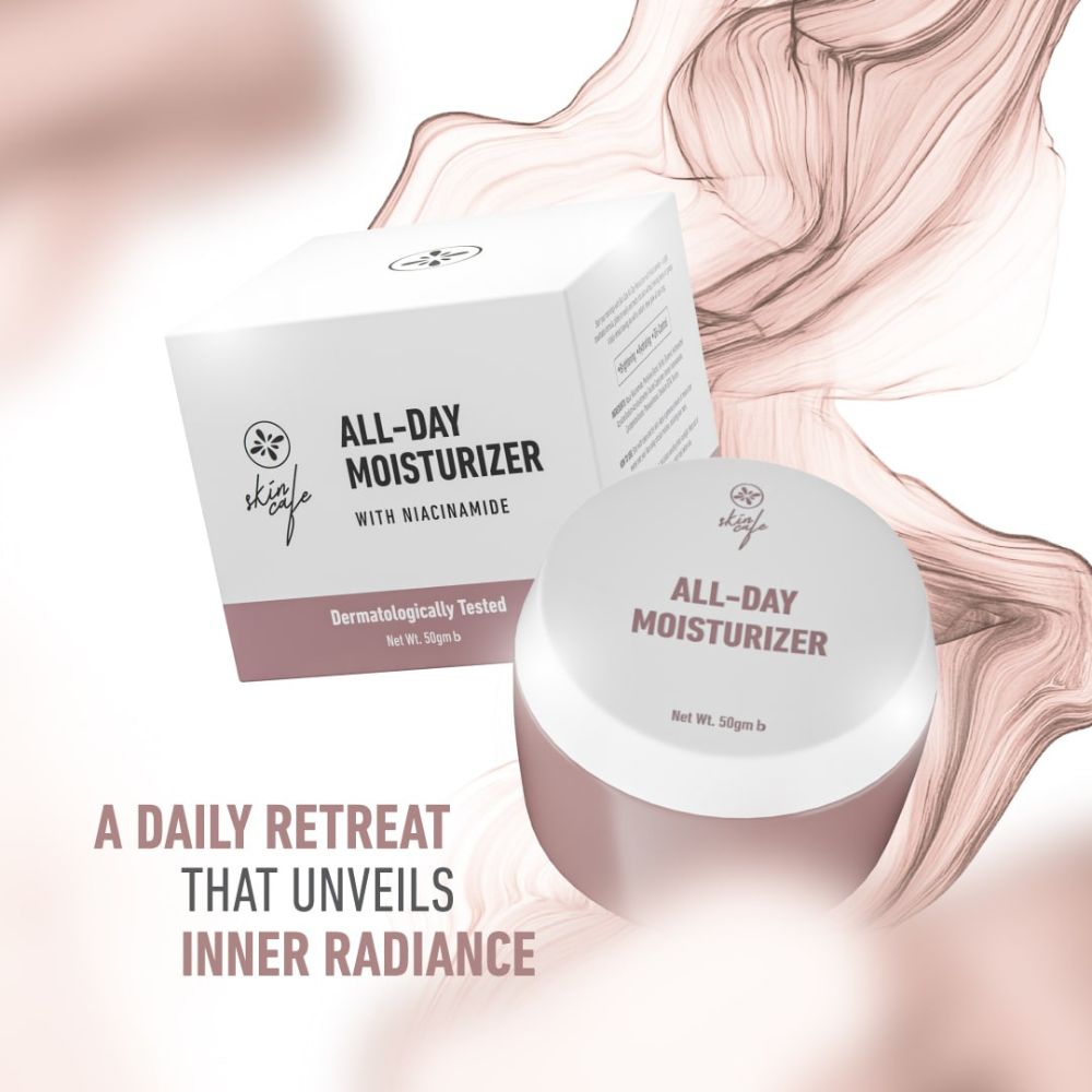 Applying Skin Cafe All Day Moisturizer With Niacinamide on face – daily hydration skincare routine.