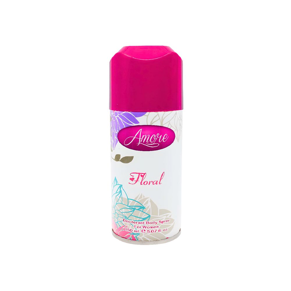 Sora Amore Floral Deodorant Spray for Women – 150ml white and pink can with floral patterns.

