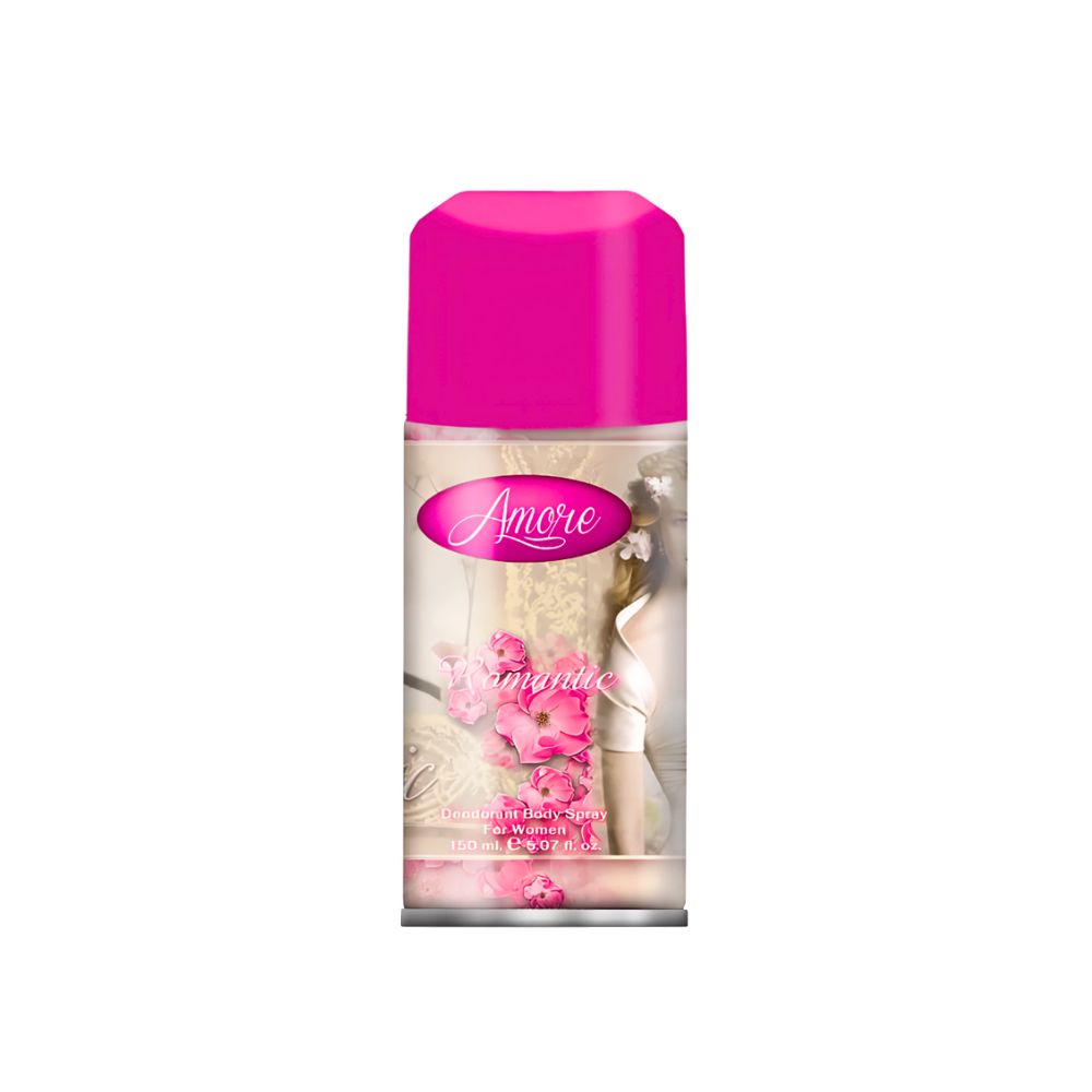 Sora Amore Romantic Deodorant Spray for Women - 150ml pink floral body spray can with romantic design.

