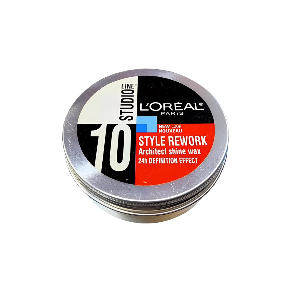L'Oréal Paris Studio Line 10 Style Rework Architect Shine Wax – round silver tin with black and red label, 24H Definition Effect.

