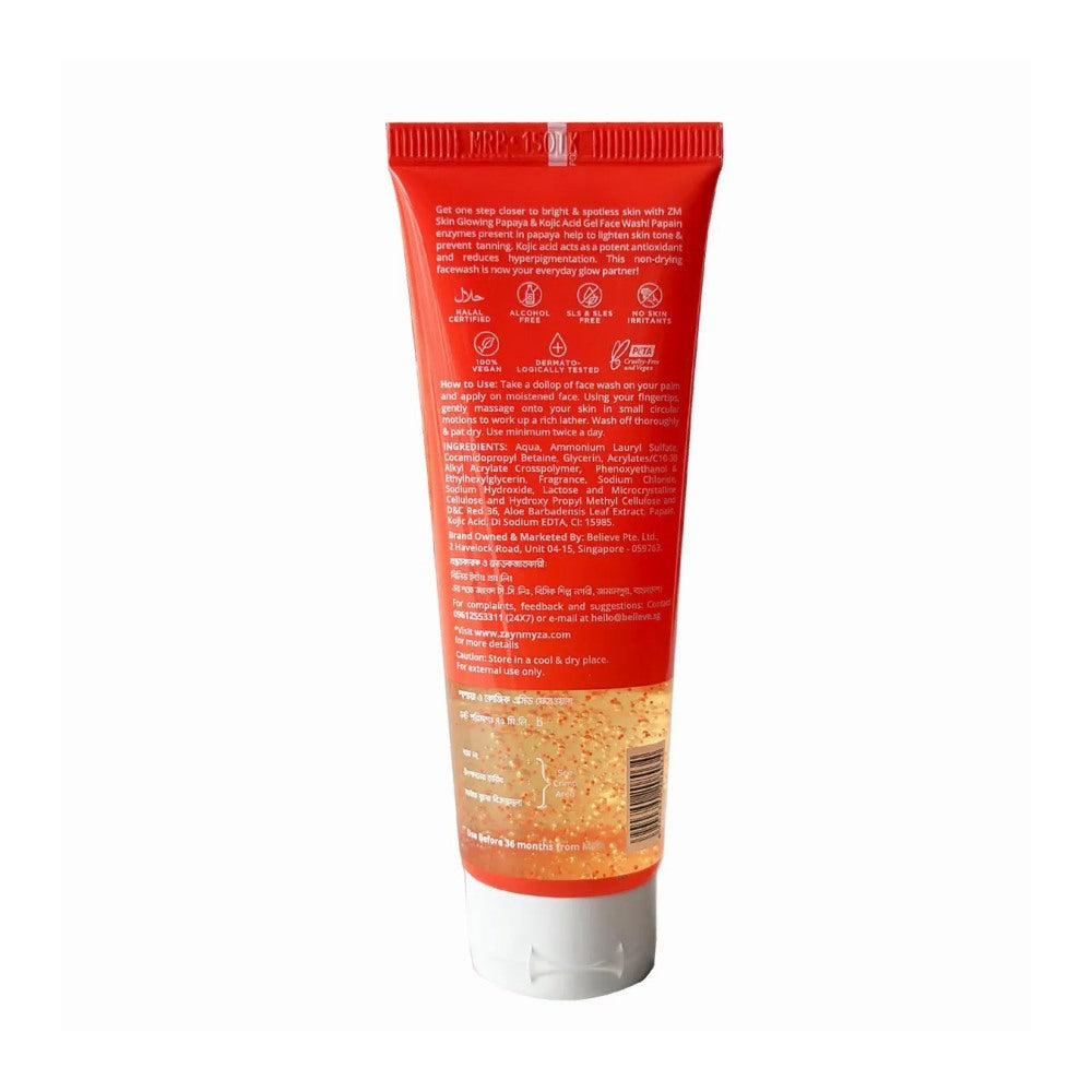 Zayn & Myza Skin Glowing Papaya & Kojic Acid Gel Face Wash – Brightening Cleanser back Side